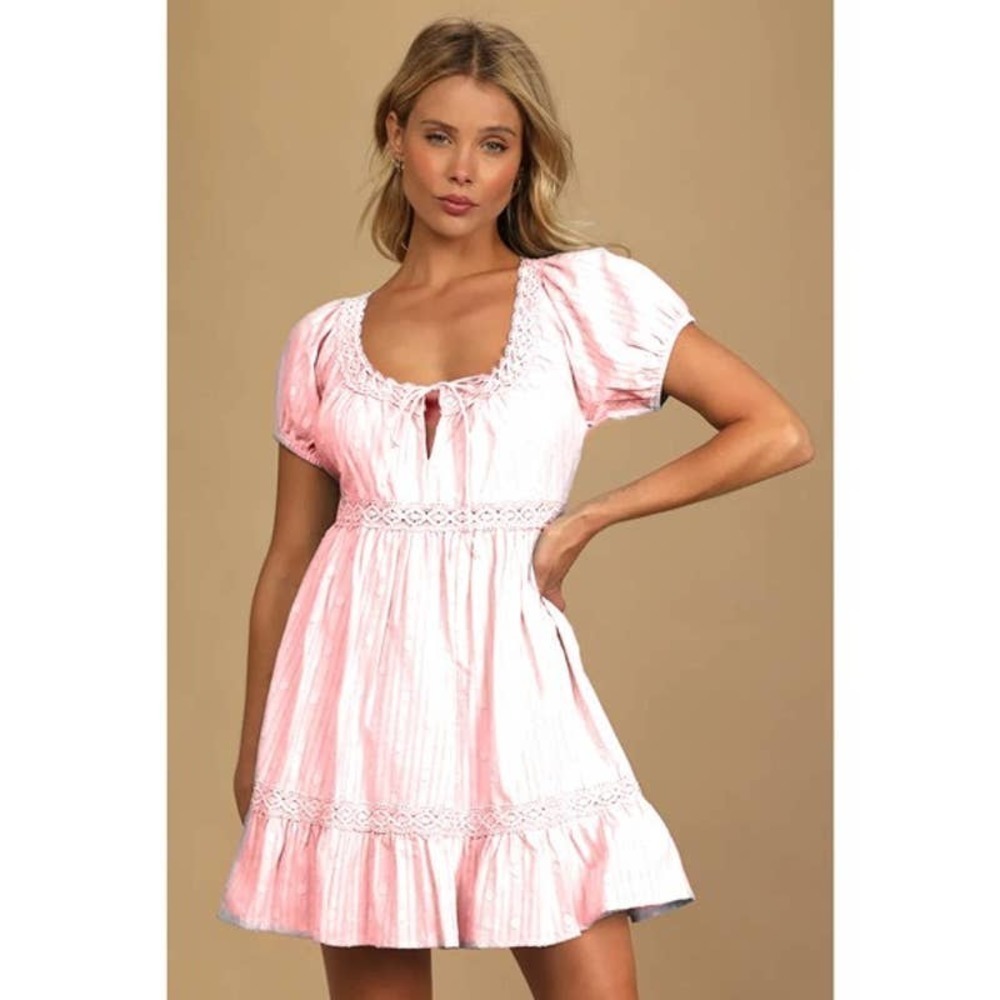 Lulus NWT So Darling Dotted Short Sleeve Tiered Boho A-Line Mini Dress Blush XL
